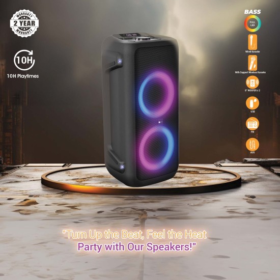 AFRA Party Speaker, 100 Watts, 12.76kg, Black, 4500Ma Battery, Side Handle and Wheels, With Remote Control, AF-100PSBK, ESMA Approved, 2 Years Warranty