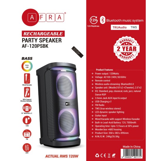 AFRA Party Speaker, 120 Watts, 24kg, Black, 7000Ma Battery, Karaoke Mic, LED Speaker Lighting, AF-120SPBK, ESMA Approved, 2 Years Warranty