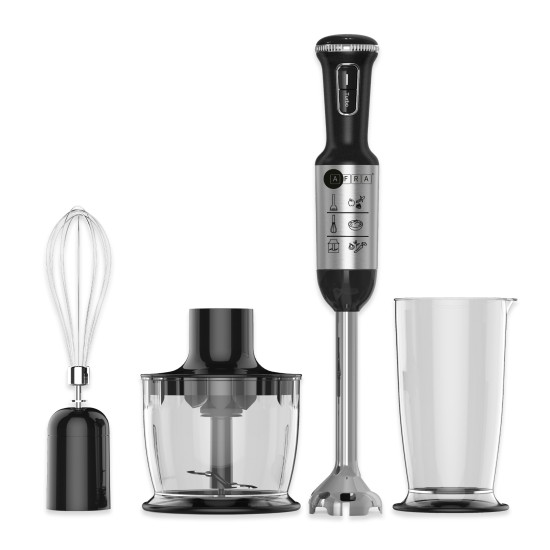 AFRA Hand Blender Set, 1200W, 4 in 1, Stainless Steel, 2 Speed, Black & Silver, Chopper, Whisk, Mixing Cup, GMARK, ESMA, RoHS, And CB, With 2 Years Warranty