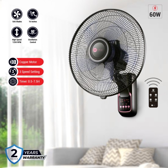 AFRA 16" WALL MOUNT FAN 60W ROTATING 1250 WITH REMOTE 3 SPEED CONTROLLER BLACK & ROASE GOLD 