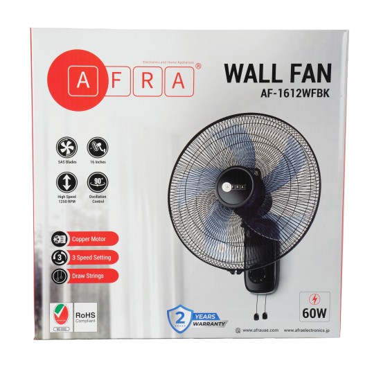 AFRA 16" WALL MOUNT FAN 60W ROTATING 1250 WITH 3 SPEED CONTROLLER BLACK