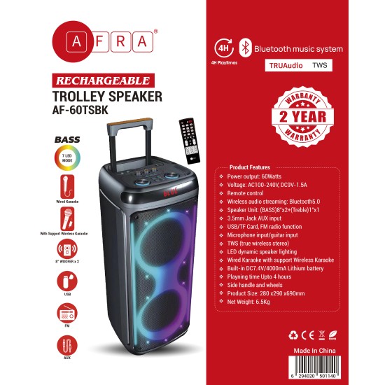 AFRA Trolley Speaker, 60 Watts, 6.5kg, Black, 4000Ma Battery, Dual Speakers, True Wireless Stereo, AF-60TSBK, ESMA Approved, 2 Years Warranty