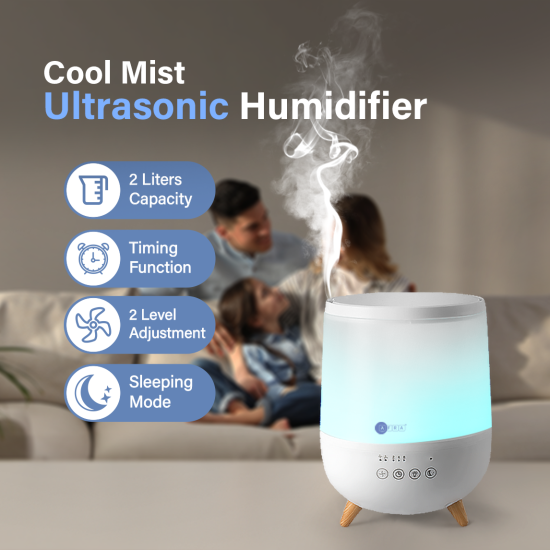 AFRA Cool Mist Ultrasonic Humidifier, 2 Liter, Top Fill, Touch Control, LED Lighting, Timer, Automatic Shut-Off, User-Friendly Design, 2 year warranty.