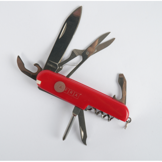 AFRA Multifunction Knife, Stainless Steel, Red, 7 in 1 Knife, Corkscrew, Bottle Opener, Can Opener, Screwdriver, Scissor, File, With Keyring, Compact Folding