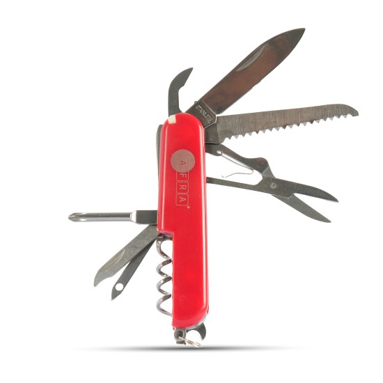 AFRA Multifunction Knife, Stainless Steel, Red, 9 in 1 Knife, Corkscrew, Bottle Opener, Can Opener, Screwdriver, Scissor, File, Small Saw, Thread/Wire Tool, With Keyring, Compact Folding