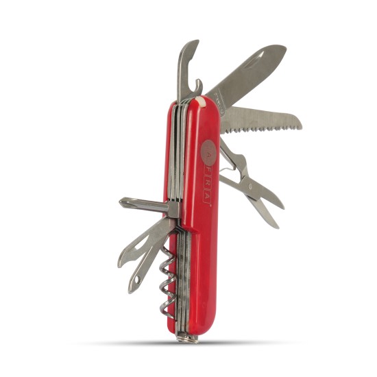 AFRA Multifunction Knife, Stainless Steel, Red, 9 in 1 Knife, Corkscrew, Bottle Opener, Can Opener, Screwdriver, Scissor, File, Small Saw, Thread/Wire Tool, With Keyring, Compact Folding