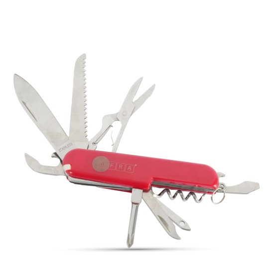AFRA Multifunction Knife, Stainless Steel, Red, 9 in 1 Knife, Corkscrew, Bottle Opener, Can Opener, Screwdriver, Scissor, File, Small Saw, Thread/Wire Tool, With Keyring, Compact Folding