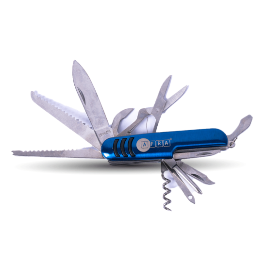 AFRA Japan Multifunction Knife, Stainless Steel, Blue, 11 in 1 Knife, Corkscrew, Bottle Opener, Can Opener, Screwdriver, Scissor, File, Small Saw, Thread/Wire Tool, Fish Scaler, With Keyring, Compact Folding