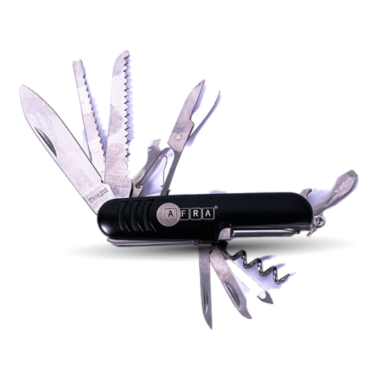 AFRA Japan Multifunction Knife, Stainless Steel, Black, 11 in 1 Knife, Corkscrew, Bottle Opener, Can Opener, Screwdriver, Scissor, File, Small Saw, Thread/Wire Tool, Fish Scaler, With Keyring, Compact Folding