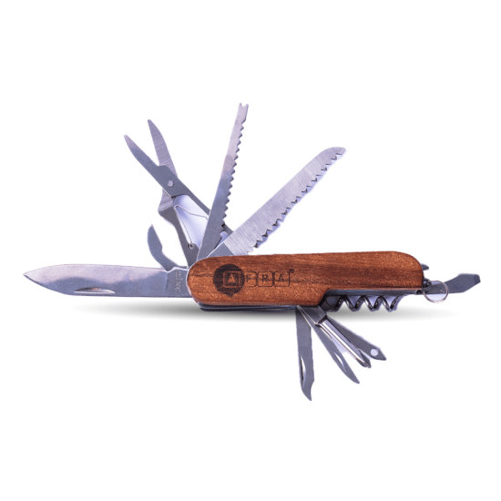 AFRA Multifunction Knife, Stainless Steel, Rosewood Case, 11 in 1 Knife, Corkscrew, Bottle Opener, Can Opener, Screwdriver, Scissor, File, Small Saw, Thread/Wire Tool, Fish Scaler, With Keyring, Compact Folding
