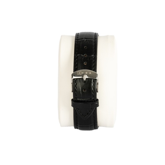 AFRA ELEMENTAL GENTS WATCH SILVER CASE WHITE DIAL BLACK LEATHER