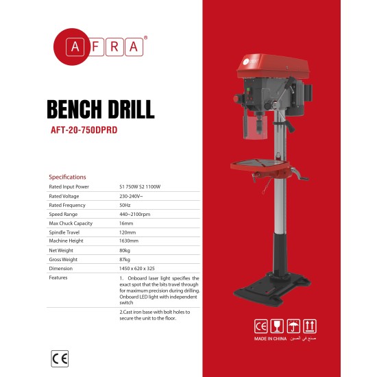 AFRA DRILL PRESS, 20MM, 750W, 440~2100rpm, 20mm Max Chuck Capacity, 2.Cast Iron Base With Bolt Holes, Onboard LED Light With Independent Switch, AFT-20-750DPRD, 1-Year Warranty