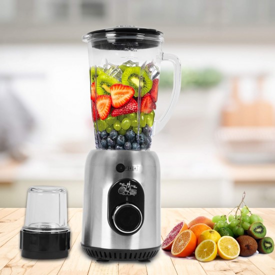 AFRA 2 in 1 Blender, AF-610BLSL, 600W, 2 speed settings, Pulse Function, 1.8L Capacity, Glass Blender & Grinder Jar, Easy-To-Clean.