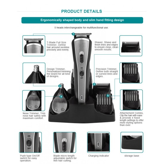 AFRA Hair Trimmer, AF-1600HTSB, 5 in 1 Set, Rechargeable, With Shaver, Precision Trimmer, Nose Trimmer, Design Trimmer and Full Trimmer, Charge Base.