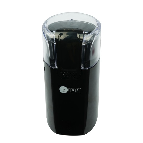 AFRA Coffee Grinder, 150W, Black, 60g Capacity, Adjustable, Black Finish, Transparent Cover, GMARK, ESMA, RoHS, And CB, With 2 Years Warranty