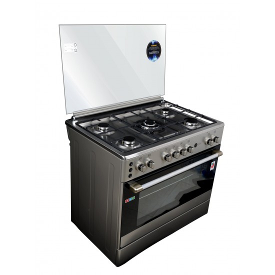 AFRA Japan 90X60cm Free Standing Gas Oven, Stainless Steel, 5 Gas Burners, Mechanical Timer, Large Capacity Oven With Double Burners, Glass Top Lid, Rotisserie, G-MARK, ESMA, ROHS, and CB Certified, 2 Years Warranty.