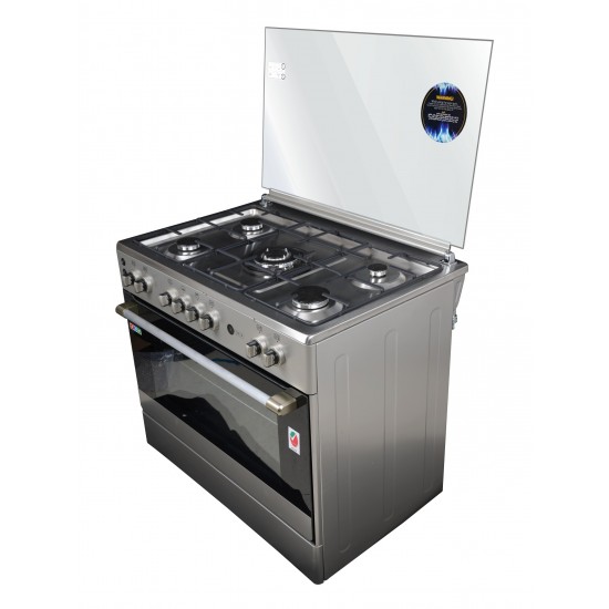 AFRA 90X60cm Free Standing Gas Oven, Stainless Steel, 5 Gas Burners, Mechanical Timer, Large Capacity Oven With Double Burners, Glass Top Lid, Rotisserie, G-MARK, ESMA, ROHS, and CB Certified, 2 Years Warranty.