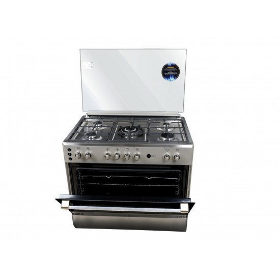 AFRA Japan 90X60cm Free Standing Gas Oven, Stainless Steel, 5 Gas Burners, Mechanical Timer, Large Capacity Oven With Double Burners, Glass Top Lid, Rotisserie, G-MARK, ESMA, ROHS, and CB Certified, 2 Years Warranty.