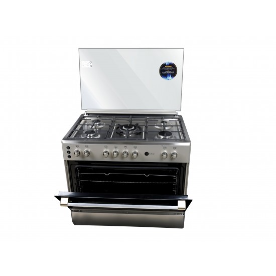 AFRA 90X60cm Free Standing Gas Oven, Stainless Steel, 5 Gas Burners, Mechanical Timer, Large Capacity Oven With Double Burners, Glass Top Lid, Rotisserie, G-MARK, ESMA, ROHS, and CB Certified, 2 Years Warranty.