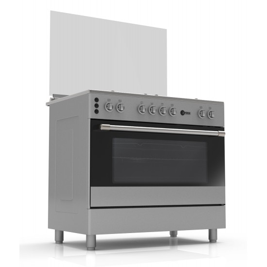 AFRA Japan 90X60cm Free Standing Gas Oven, Stainless Steel, 5 Gas Burners, Mechanical Timer, Large Capacity Oven With Double Burners, Glass Top Lid, Rotisserie, G-MARK, ESMA, ROHS, and CB Certified, 2 Years Warranty.