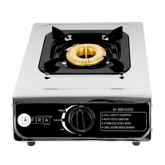 AFRA Single Burner Gas Stove, Compact Design, Cast Iron Burner, Enamel Pan Support, Stainless Steel Surface, G-MARK, ESMA, ROHS, and CB Certified, 2 Years Warranty.