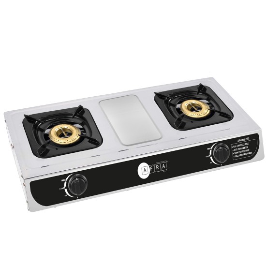 AFRA Japan Two Burner Gas Stove, Two Burners, Brass Caps, Battery Powered Ignition, Stainless Steel, Cast Iron, Double Injection, G-MARK, ESMA, ROHS, and CB Certified, 2 Years Warranty.