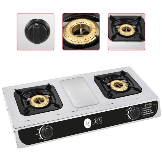 AFRA Japan Two Burner Gas Stove, Two Burners, Brass Caps, Battery Powered Ignition, Stainless Steel, Cast Iron, Double Injection, G-MARK, ESMA, ROHS, and CB Certified, 2 Years Warranty.