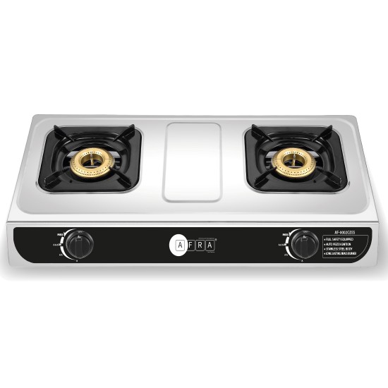 AFRA Japan Two Burner Gas Stove, Two Burners, Brass Caps, Battery Powered Ignition, Stainless Steel, Cast Iron, Double Injection, G-MARK, ESMA, ROHS, and CB Certified, 2 Years Warranty.