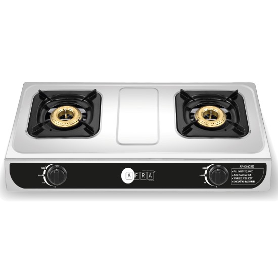 AFRA Two Burner Gas Stove, Two Burners, Brass Caps, Battery Powered Ignition, Stainless Steel, Cast Iron, Double Injection, G-MARK, ESMA, ROHS, and CB Certified, 2 Years Warranty.