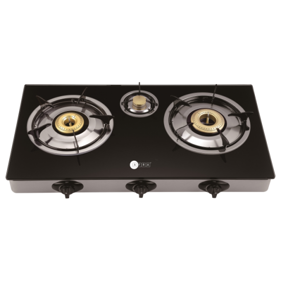 AFRA Three Burner Gas Stove, Compact Design, Tempered Glass, Easy-To-Clean, Heat Resistant, Shock Resistant, G-MARK, ESMA, ROHS, and CB Certified, 2 Years Warranty.