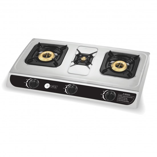 AFRA Japan Three Burner Gas Stove,  Three Burners, Brass Caps, Battery Powered Ignition, Stainless Steel, Cast Iron, Double Injection, G-MARK, ESMA, ROHS, and CB Certified, 2 Years Warranty.