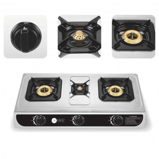 AFRA Japan Three Burner Gas Stove,  Three Burners, Brass Caps, Battery Powered Ignition, Stainless Steel, Cast Iron, Double Injection, G-MARK, ESMA, ROHS, and CB Certified, 2 Years Warranty.