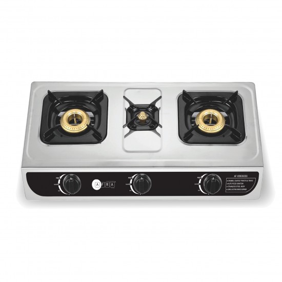 AFRA Japan Three Burner Gas Stove,  Three Burners, Brass Caps, Battery Powered Ignition, Stainless Steel, Cast Iron, Double Injection, G-MARK, ESMA, ROHS, and CB Certified, 2 Years Warranty.