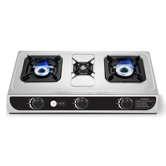 AFRA Japan Three Burner Gas Stove,  Three Burners, Brass Caps, Battery Powered Ignition, Stainless Steel, Cast Iron, Double Injection, G-MARK, ESMA, ROHS, and CB Certified, 2 Years Warranty.