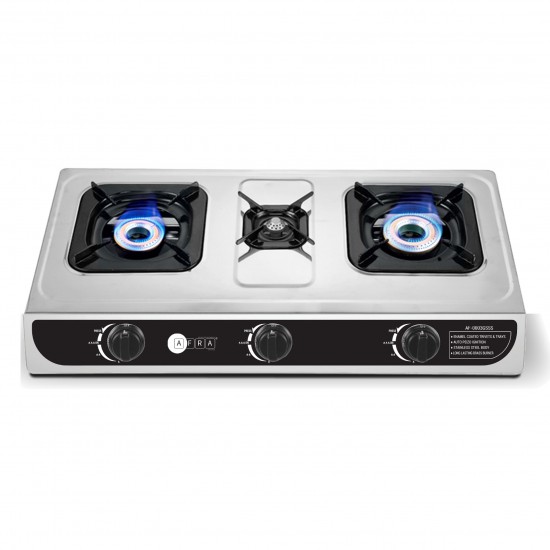 AFRA Three Burner Gas Stove,  Three Burners, Brass Caps, Battery Powered Ignition, Stainless Steel, Cast Iron, Double Injection, G-MARK, ESMA, ROHS, and CB Certified, 2 Years Warranty.