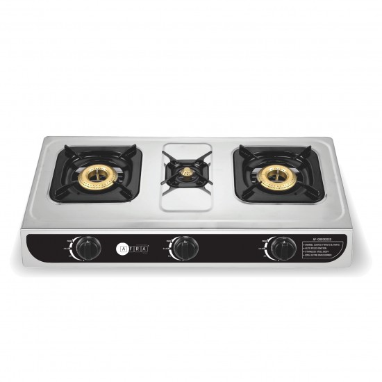 AFRA Japan Three Burner Gas Stove,  Three Burners, Brass Caps, Battery Powered Ignition, Stainless Steel, Cast Iron, Double Injection, G-MARK, ESMA, ROHS, and CB Certified, 2 Years Warranty.