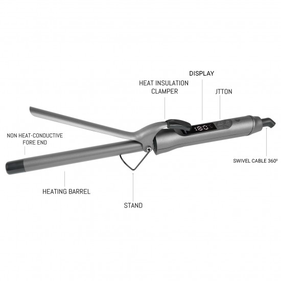 AFRA Hair Curler, AF-360HCGY, PTC Heating Element, LCD Display, 360-Degree Power Cord, Ceramic Coat Barrel, Easy-To-Use, Adjustable Temperature, Cool Safety Tip.