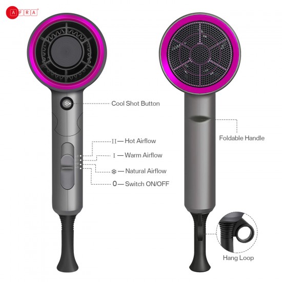 AFRA Hair Dryer, AF-1400HDPG, 1400W, DC Motor, Cool Shot Function, Concentrator, Ionic Function, Multiple Temperature Settings, Folding Handle, Hang-Up Loop.