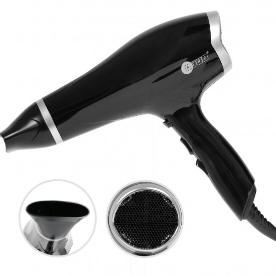 AFRA Hair Dryer, AF-2300HDBK, DC Motor, Powerful Airflow, 2 Speeds, 3 Heat Settings, Easy-To-Use, Cool Shot Function, Concentrator, Removable Filter, Ionic Function.