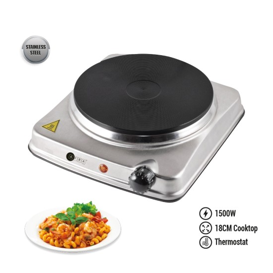 AFRA Single Electric Hotplate, 1500W, Thermostatic Control, Stainless Steel, Overheat Protection, G-MARK, ESMA, ROHS, and CB Certified, 2 years Warranty.