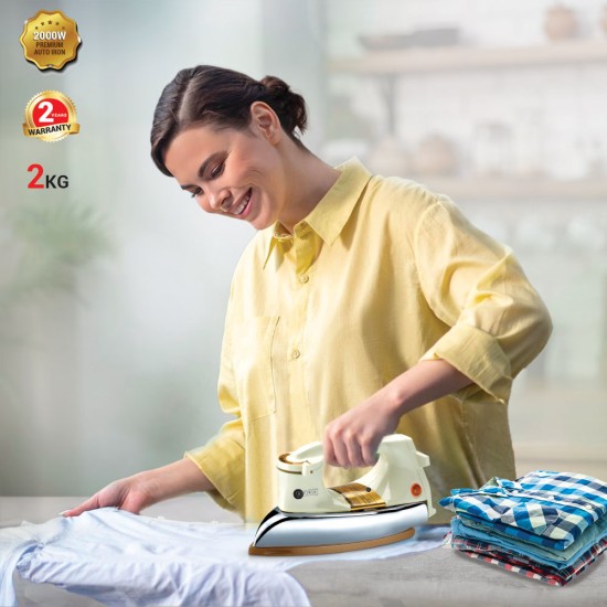 AFRA Automatic Dry Iron, 2kg, Non-Stick Soleplate, Gold Teflon Coating, Heat Distribution, Ergonomic Handle, Thermal Control, 6 Settings, Auto Cut-Off, G-Mark, ESMA, RoHS, CB, 2 Years Warranty.