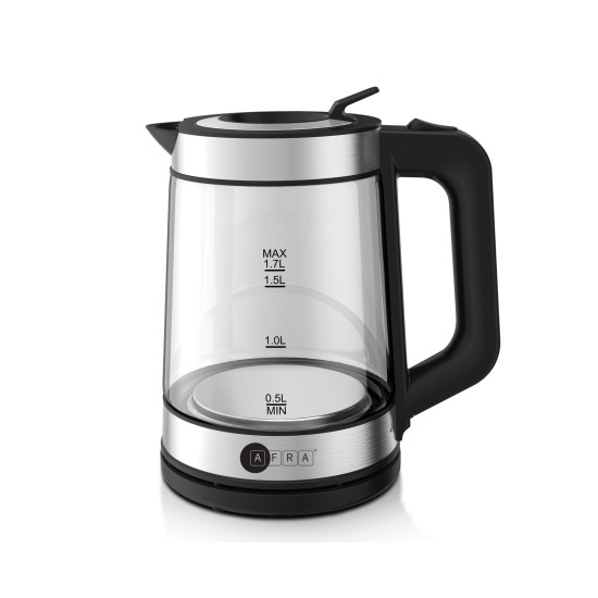 AFRA Electric Kettle, 1.7L Capacity, 2200W, Automatic Shut-off, Overheat Protection, Glass and Silver, G-Mark, ESMA, RoHS, CB, 2 years warranty