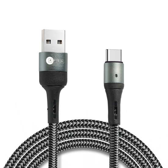AFRA USB Charging Cable, 2.4A, Nylon-Braided Jacket, With Data Transmission, USB A to Type C, 1 meter length, Durable, Tangle Free, Auto-Disconnect Function, LED Indicator