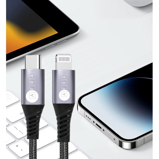 AFRA USB Charging Cable, 3A, 20W, Nylon-Braided Jacket, With Data Transmission, Type C to Lightning, 1 meter length, Durable, Tangle Free