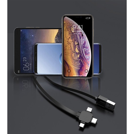 AFRA Retractable USB charging cable, 1.5A, Three-in-one, USB A to Micro-USB + Type C + Lightning Connector, 1.2-meter length, Durable, Tangle Free, Black ABS+TPE Construction