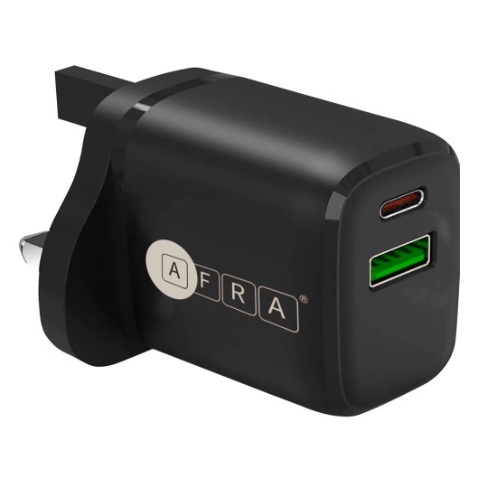 AFRA USB Wall Charger, 20W, 3A Charging Speed, Dual Ports, USB A, USB C, Fast Charging, Light, Overheat and Short Circuit Protection, Compact Design