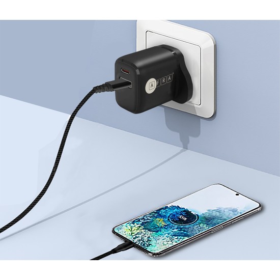 AFRA USB Wall Charger, 20W, 3A Charging Speed, Dual Ports, USB A, USB C, Fast Charging, Light, Overheat and Short Circuit Protection, Compact Design