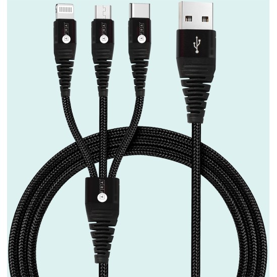 AFRA USB Charging Cable, 2.4A, Nylon-Braided Jacket, With Data Transmission, USB A to Micro-USB + Type C + Lightning Connector, 1.2-meter length, Durable, Tangle Free