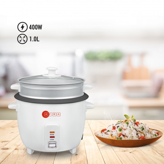AFRA Japan Rice Cooker, 1.0 Litre Capacity, Non-stick Inner Pot, Glass Lid, Aluminium Heating Plate, Keep-Warm Function, With Measuring Cup & Spoon, G-MARK, ESMA, ROHS, and CB Certified, 2 Years Warranty