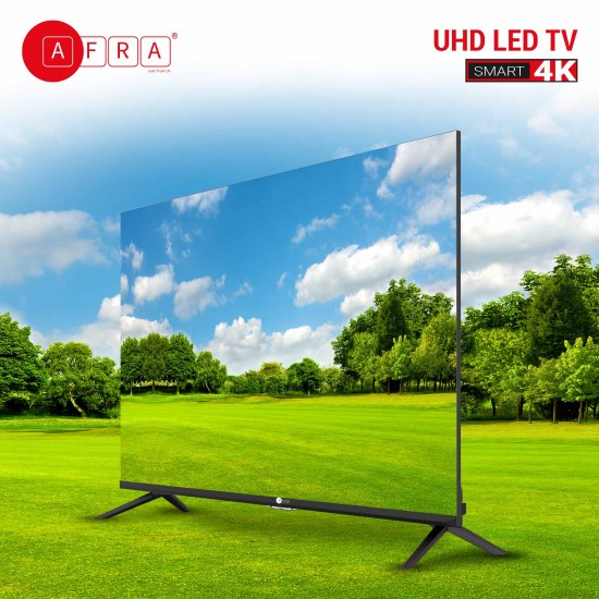 AFRA Smart TV, AF-43114KBK, 43’’, UHD, 4K, Frameless, LED, Android 11, HDMI, USB, VGA, PC & Game Console Connection, Internet, Streaming, Netflix, Hulu, YouTube, Prime Video, 2 years warranty.